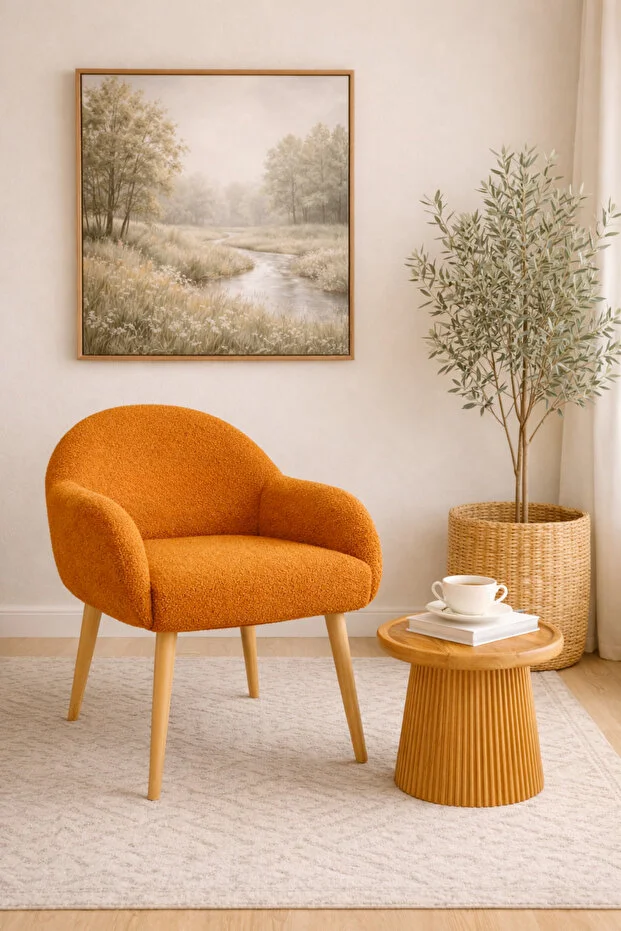 Jasmine Ahşap Ayaklı Retro Puf Minimal Berjer